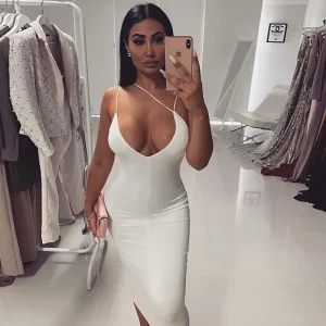 Pure Color Sling Deep V Sexy Slim Backless Dress