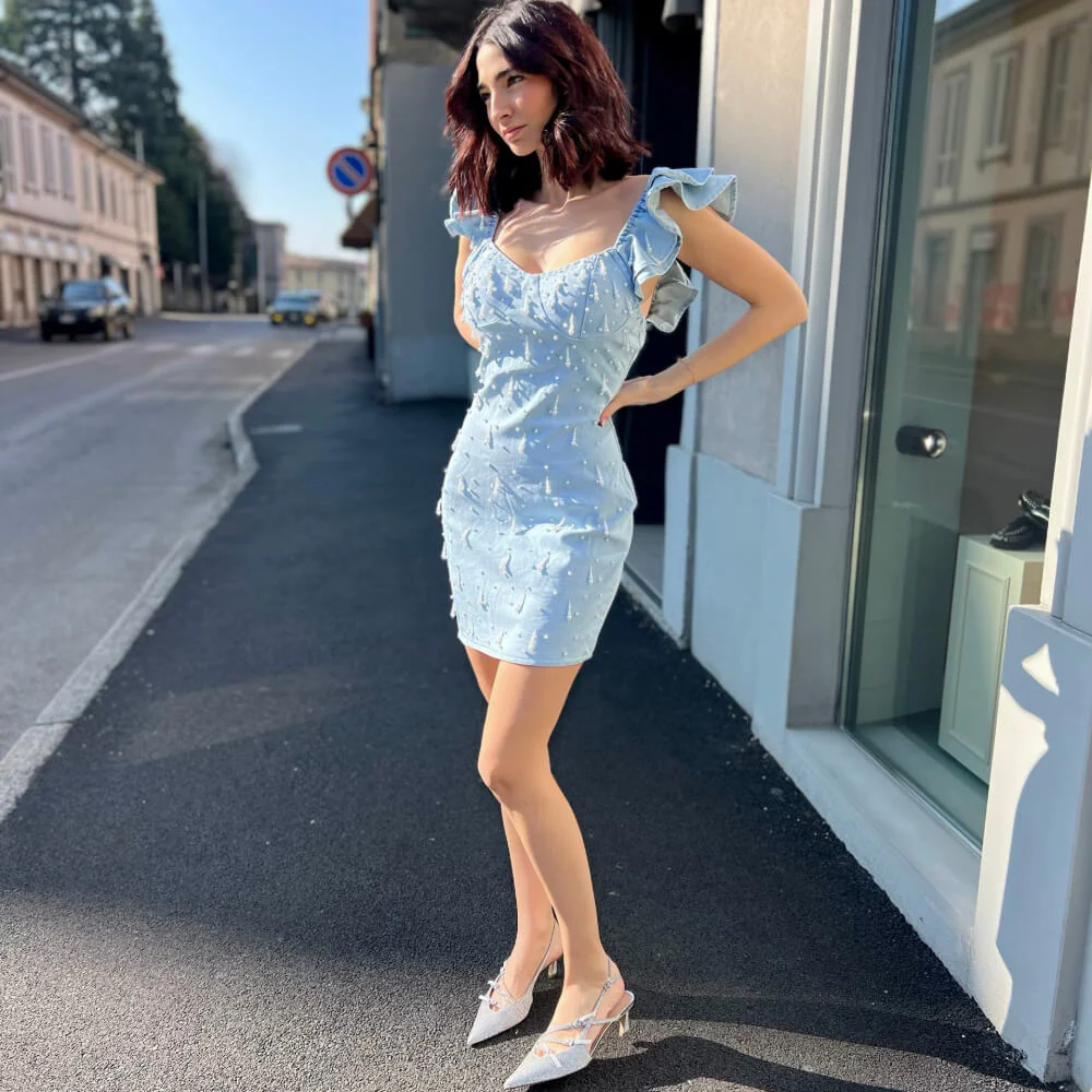Abito Sandra light denim con perle