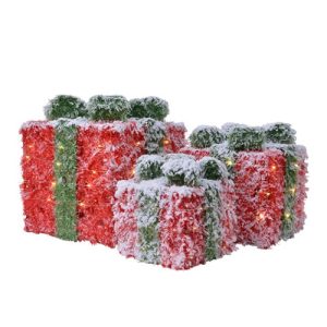 Decoro 3 pacchi regalo innevati rossi con luci a batteria